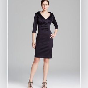 Kay Unger Portrait Navy  Satin V-Neck Shawl Collared Sheath Evening Dress Size 4